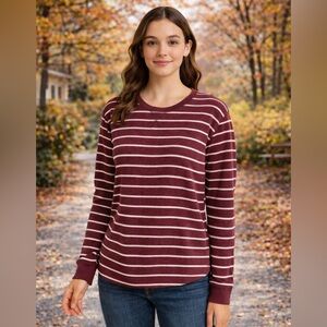 Maurices Red and White Thermal Stripe Long Sleeve Henley